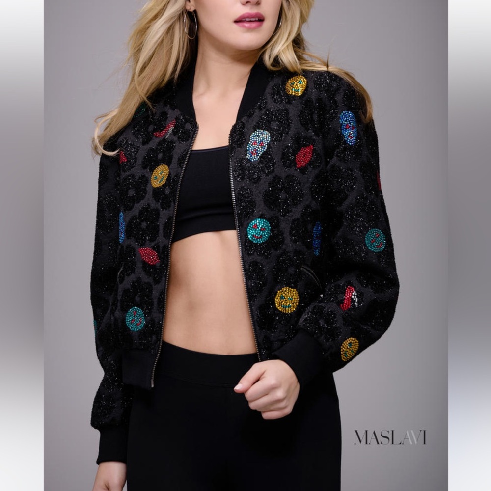 Maslavi Ready to Wear Rhinestones Black Bomber Jacket Size 6 Evening‎ Rock Fall